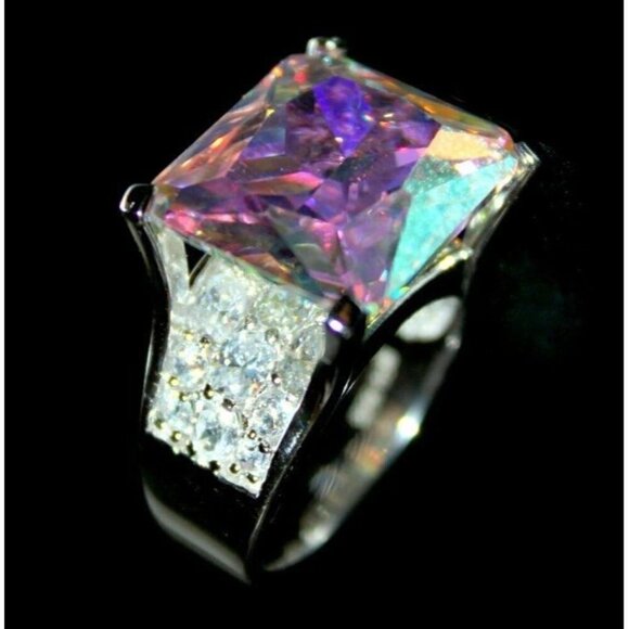 925 Sterling Silver Womens His Presence of God Aurora Borealis Ab Chunky Ring 10 - Picture 2 of 6